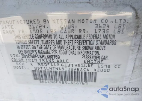 2024 Nissan Versa 1.6 Sr from USA, damaged, VIN 3N1CN8FV8RL858769